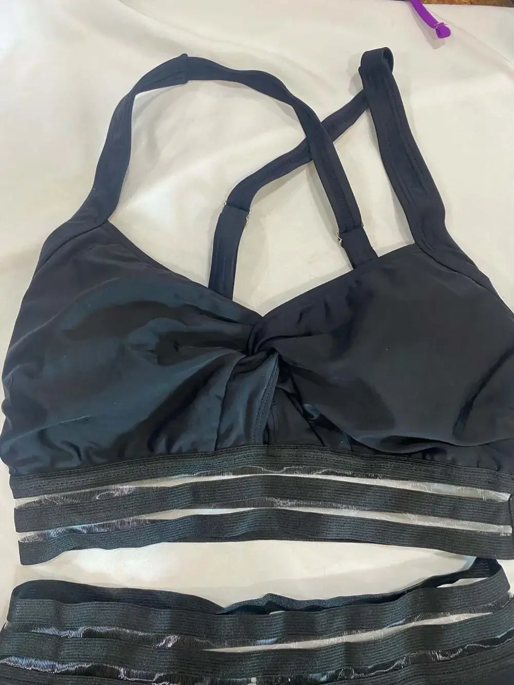 Cupshe Mesh Striped Twisted Cutout Top & High Waist Bikini Set Size M NWT
